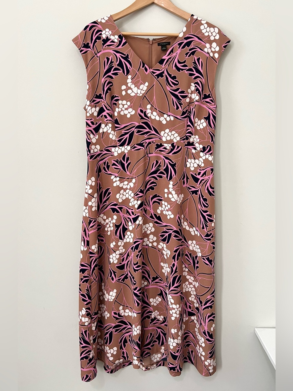 Ann Taylor Cap Sleeve Botanical Midi Dress Pink Camel Size 12